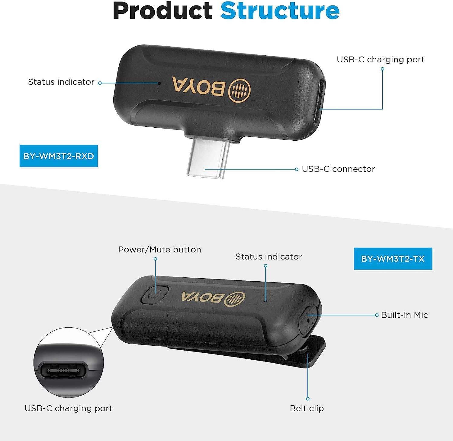 BOYA BY-WM3T2-U2 Microphone cravate sans fil USB C pour Smartphone et Tablette