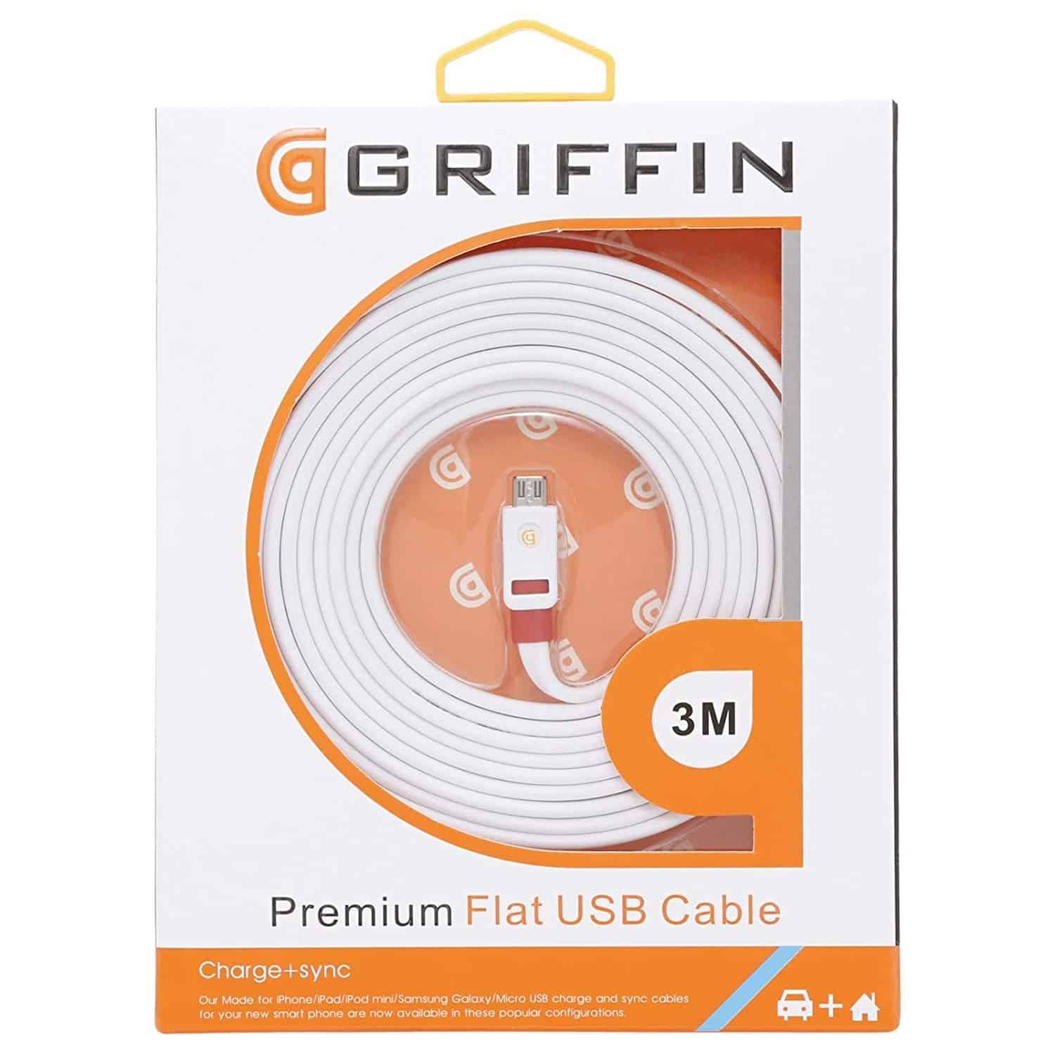 Câble De Charge Micro USB / USB GRIFFIN 3 Mètres Pour Android – Blanc Et Noir